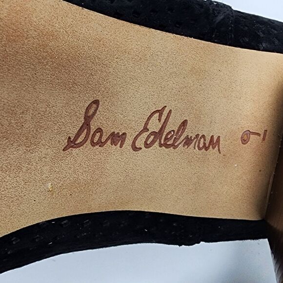 Sam Edelman Bootie Women 9M Easton Black Suede Perforated Stacked Heel Peep Toe - Picture 9 of 10